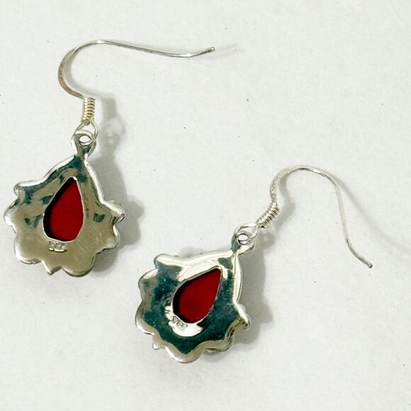 925 Sterling Silver Tear Drop Red Coral Dangle Earrings Ear Wire Southwestern - Picture 3 of 6